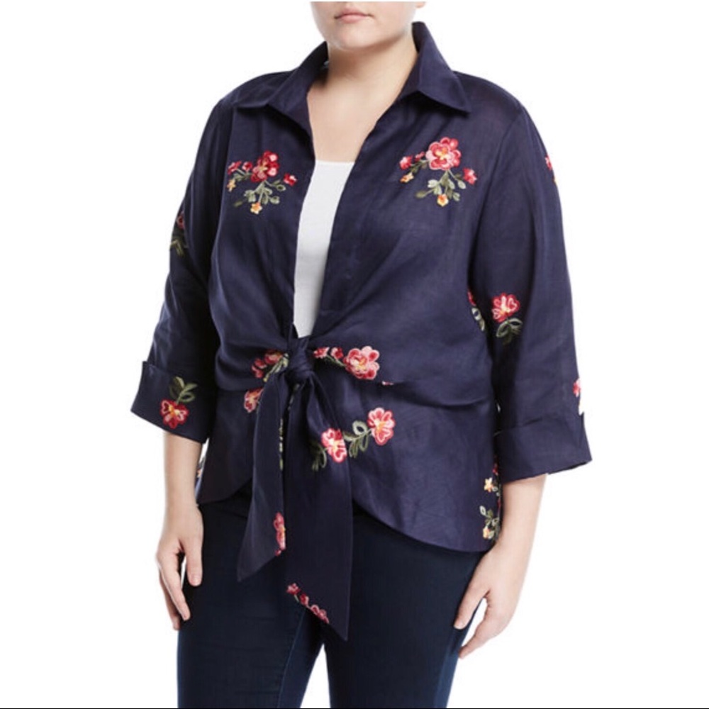 $204 2X Neiman Blue Embroidered Tie Blouse Top - Picture 5 of 7